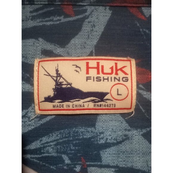 Huk Shirt Mens Sz L Blue Floral Performance Fishing Button Camp Outdoor Casual - Picture 10 of 13